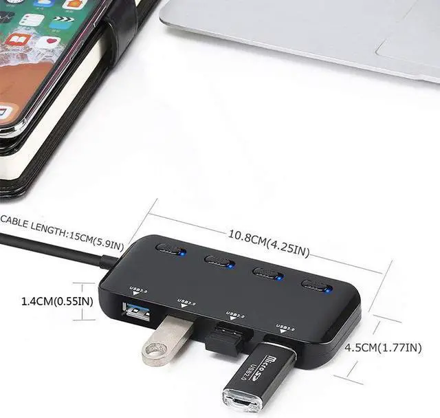 Alt view image 6 of 7 - 4 Port Powered USB 3.0 Hub Splitter, Hannord Ultra Slim USB Data Hub with Individual Power Switches and LEDs, for MacBook Air, Laptop, iMac,PC, USB Flash Drives, Hard Drive (Black)