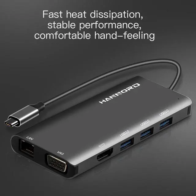 Alt view image 3 of 7 - USB C Hub, Hannord 9-in-1 USB C Hub Adapter, with 4K HDMI, USB-C 100W Power Delivery, Ethernet Port, 1080P VGA, 3 USB-A 3.0 5Gbps Data Port, microSD SD Card Reader for MacBook Air, MacBook Pro, XPS