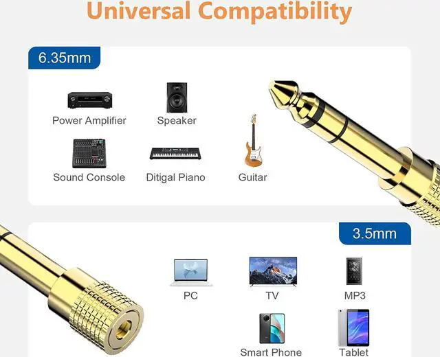 Alt view image 2 of 7 - Hannord 6.35mm (1/4 inch) Male to 3.5mm (1/8 inch) Female Stereo Audio Adapter Converter for Guitar Headphones Amp , Gold Plated 2 Pack