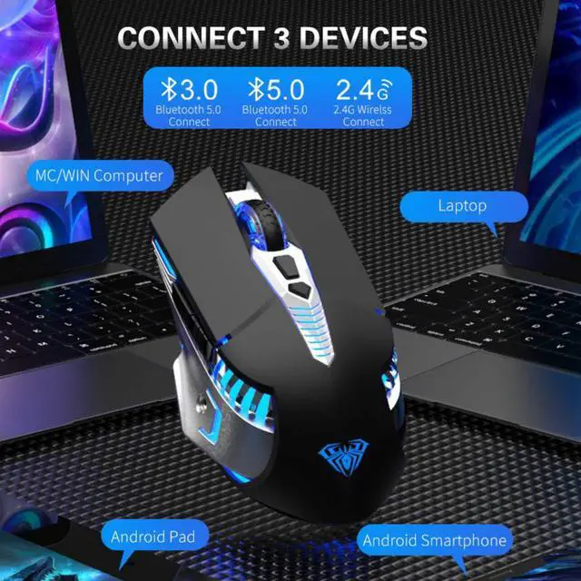 Alt view image 2 of 7 - Rechargeable Bluetooth Wireless Mouse with Side Button, 3 Modes (BT5.0, BT3.0 and 2.4G),7 Color LED Lights, Ergonomic Gaming Mice for PC Computer Laptop Mac Tablet(Black - Sound)