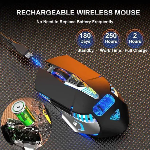 Alt view image 4 of 7 - Rechargeable Bluetooth Wireless Mouse with Side Button, 3 Modes (BT5.0, BT3.0 and 2.4G),7 Color LED Lights, Ergonomic Gaming Mice for PC Computer Laptop Mac Tablet(Black - Sound)
