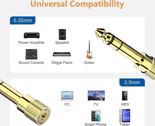 Alt view image 2 of 7 - Hannord 6.35mm (1/4 inch) Male to 3.5mm (1/8 inch) Female Stereo Audio Adapter Converter for Guitar Headphones Amp , Gold Plated 2 Pack