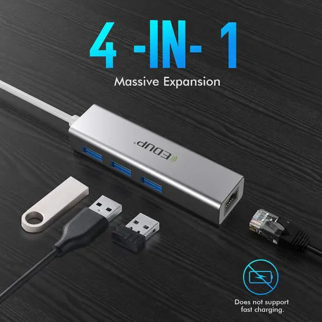 Alt view image 2 of 7 - USB 3.0 to Ethernet Adapter with 3 USB 3.0 Ports Hub, 10/100/1000 Mbps Gigabit Ethernet RJ45 LAN Network Adapter for iMac Pro, MacBook Air, Mac Mini/Pro, Surface Pro, Notebook PC, Laptop and More