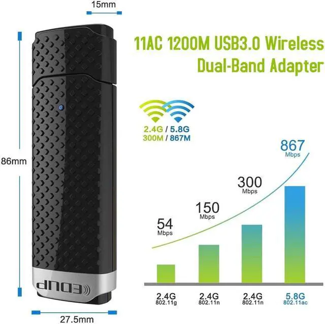 Alt view image 2 of 6 - WiFi Adapter, AC 1200Mbps USB 3.0 Wireless Adapter 5GHz/2.4GHz Dual Band 802.11AC WiFi USB for PC/Desktop/Laptop,Support Win 10/8.1/7/XP/Mac OS 10.9-10.13