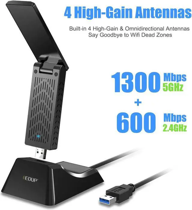 Alt view image 3 of 7 - USB 3.0 Wi-fi Adapter AC1900M + 39" Extender Cable & Base, Dual Band 2.4G/5.8G 6dBi Antenna Wireless WiFi Network Card Adapter for Desktop Laptop PC Support Windows 10/8/8.1/7/XP/Vista/Mac OS