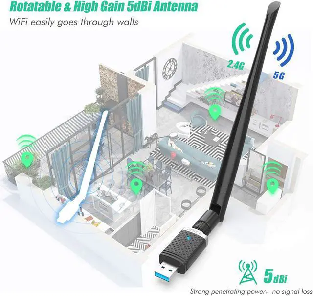 Alt view image 4 of 7 - 1300Mbps WiFi Adapter for Gaming , USB 3.0 Wireless Adapter Dual Band 5GHz 802.11 AC WiFi Dongle Support Desktop PC Laptop Windows XP/Vista/7/8/10 Mac 10.6-10.15