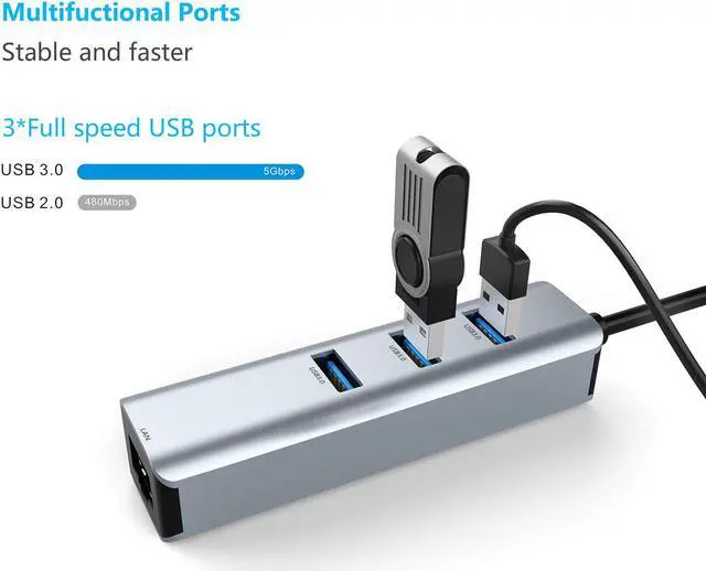 Alt view image 3 of 7 - USB 3.0 to Ethernet Adapter,Hannord 3-Port USB 3.0 Hub with RJ45 10/100/1000 Gigabit Ethernet Adapter Support Windows 10,8.1,Mac OS, Surface Pro,Linux,Chromebook and More