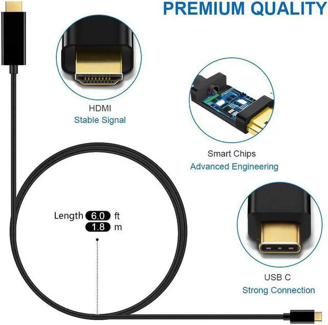 Alt view image 2 of 7 - USB C to HDMI Cable for Home Office 6ft, Hannord USB 3.1 Type C to HDMI 4K Thunderbolt 3 Compatible, Work with MacBook Pro/Air/iPad Pro 2020 2018, Surface Book 2, Dell XPS 15, Galaxy S20/S10