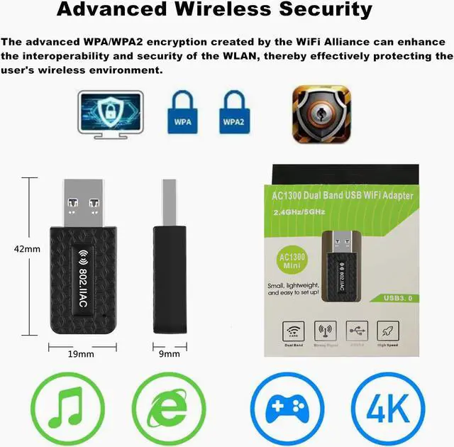 Alt view image 4 of 7 - USB3.0 WiFi Adapter for PC, AC1300Mbps Wireless Network Adapter, 802.11ac with Dual Band 2.4Ghz/400Mbps 5.8Ghz/867Mbps, USB WiFi Dongle for Desktop PC/Laptop, Supports Windows/Mac OS/Linux (Black)