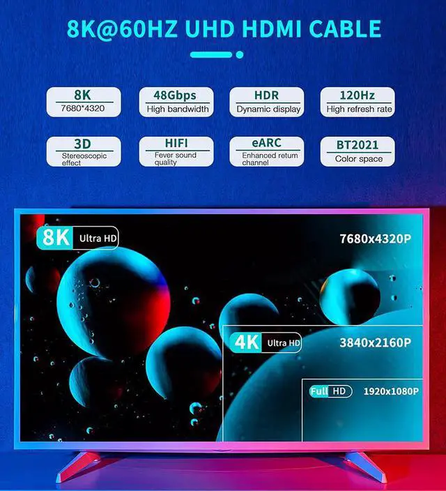 Alt view image 5 of 7 - Ultra High Speed 8K 60Hz HDMI Cable 3.3FT/1M, Hannord 48Gbps HDMI Braided Cable-4K@120Hz 7680P,DTS:X,HDCP 2.2 & 2.3, HDR 10,eARC,Dynamic HDR,Compatible for Laptop, Monitor, Roku/Fire TV