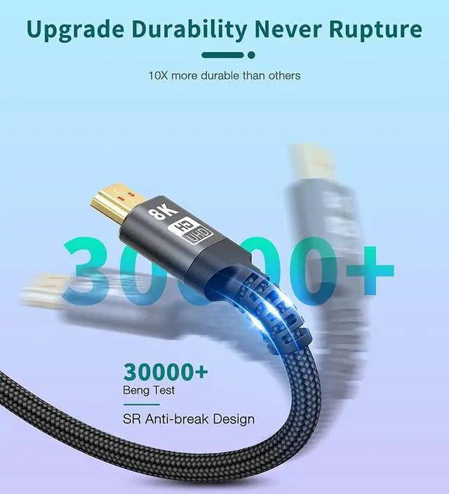 Alt view image 2 of 7 - Ultra High Speed 8K 60Hz HDMI Cable 3.3FT/1M, Hannord 48Gbps HDMI Braided Cable-4K@120Hz 7680P,DTS:X,HDCP 2.2 & 2.3, HDR 10,eARC,Dynamic HDR,Compatible for Laptop, Monitor, Roku/Fire TV
