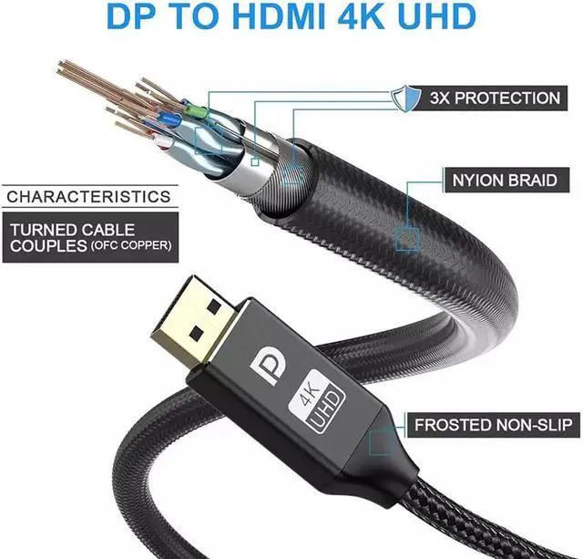 Alt view image 6 of 7 - DisplayPort to HDMI Cable, Hannord [High Speed 4K 30Hz UHD, 2K 60Hz, 1080P 120Hz] Uni-Directional Nylon Braided Gold-Plated DP to HDMI Male Connector - 6Feet