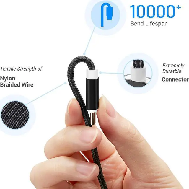 Alt view image 3 of 7 - USB Type C Fast Charging Cable, Hannord 4 Pack (0.8/3.3/3.3/6.6FT) Nylon Braided Data Sync Transfer Cord, Compatible with Samsung Galaxy S10 S9 Note 9 8, LG G7 V30 V20 G6, Google Pixel (Black)