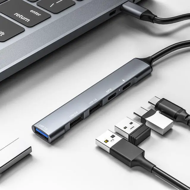 Alt view image 2 of 7 - Hannord 5 in 1 USB C Hub, USB C to USB 3.0 2.0, USB Type C with Data Transfer and 65W PD Fast Charging, Thunderbolt 3 to Multiport USB 3.0 Hub for MacBook Pro/Air 2020, iPad Pro, Dell, Chromebook