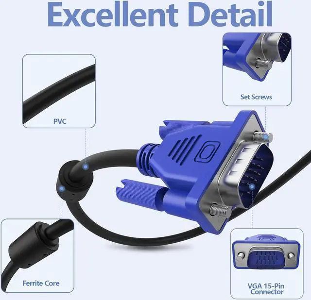 Alt view image 3 of 7 - Hannord VGA to VGA Monitor Cable, 15 pin 1080P Full HD Male to Male Cor for Computer PC Laptop to Monitor Screen Projector with VGA Plug Port (3.3 Feet)