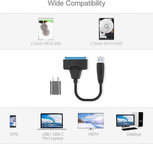 Alt view image 2 of 7 - Hannord Upgraded SATA to USB C Cable, USB 3.0 & USB Type C to SATAIII Hard Drive Adapter Cable for 2.5 Inch SSD & HDD Support UASP, USB3.0 Type C to SATA, 1 Pack