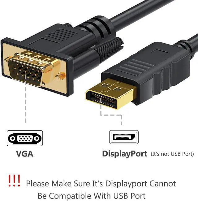 Alt view image 2 of 7 - DisplayPort to VGA Adapter, Hannord DP to VGA Cable 6 Feet Cable Male to Male 1080P HD Gold-Plated Cord Compatible for Lenovo, Dell, HP, ASUS, Desktop, Laptop, for Monitor, Projector, Black