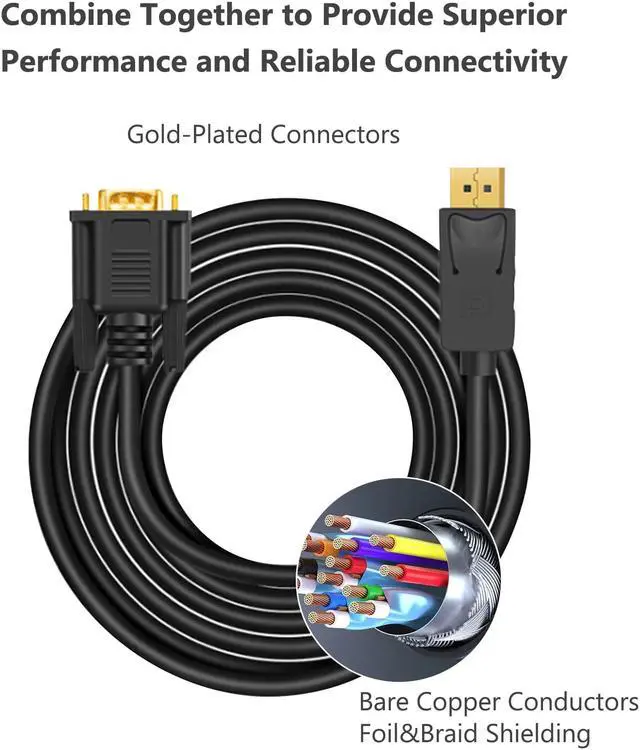 Alt view image 5 of 7 - DisplayPort to VGA Adapter, Hannord DP to VGA Cable 6 Feet Cable Male to Male 1080P HD Gold-Plated Cord Compatible for Lenovo, Dell, HP, ASUS, Desktop, Laptop, for Monitor, Projector, Black