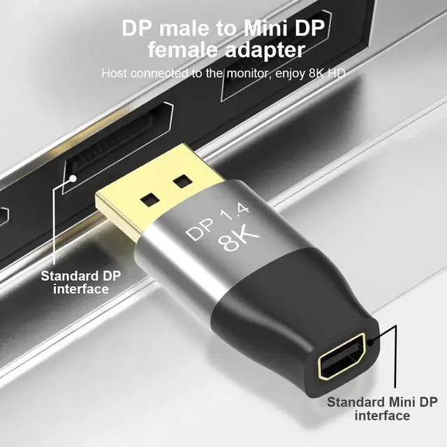 Alt view image 2 of 6 - Hannord Mini DP to DisplayPort 8K Adapter 8K(7680x4320)@60Hz 4K@144Hz DisplayPort 1.4 Bi-Directional Transmission DisplayPort to Mini DisplayPort 8K Cable, Mini dp Female to DP Male Connector, 1 Pack