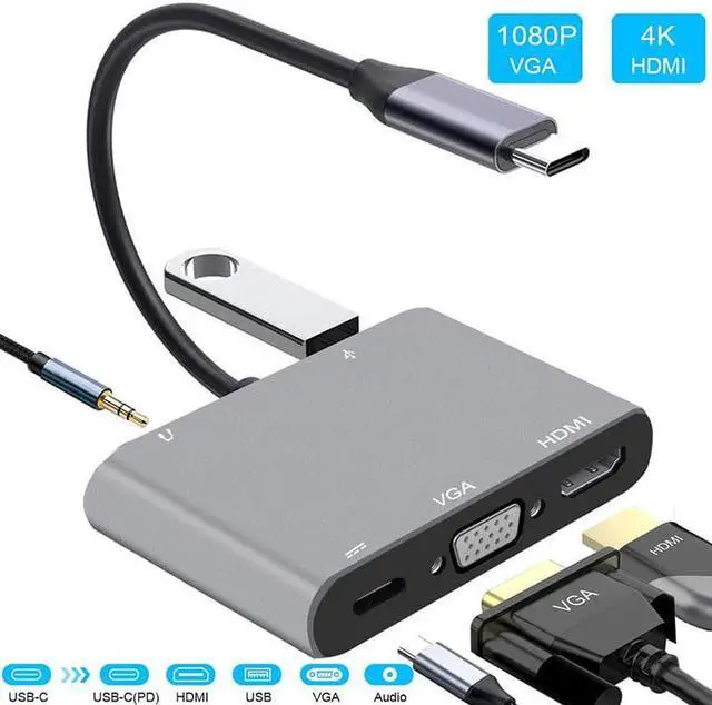 Main image of Hannord 5 In 1 Type C Adapter Hunderbolt to HDMI VGA USB 3.0 and 3.5mm Jack Audio PD Charging for MacBook Pro Laptop Phone