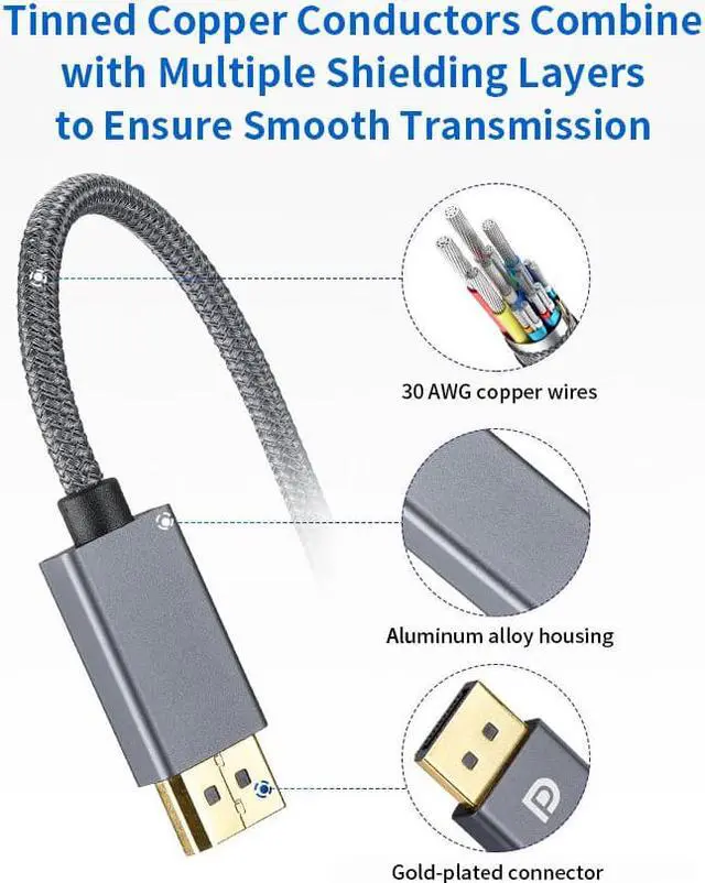 Alt view image 2 of 7 - Hannord USB C to DisplayPort 1.4 Cable [8K@60Hz, 4K@144Hz 120Hz, 2K@240Hz], 5K Type C to DP 1.4 Cable, [32.4 Gbps, Thunderbolt 4/3 Compatible] for MacBook Pro M1 M2, Mac Studio, Mac Mini, XPS, 6.6ft
