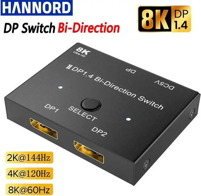 Main image of Hannord DisplayPort Switch 8K Splitter Bidirectional DP 1.4 Switcher Box 2 in 1 Out / 1 in 2 Out Supports 8K@30Hz 4K@120Hz Compatible with PC Host Monitor Laptop etc
