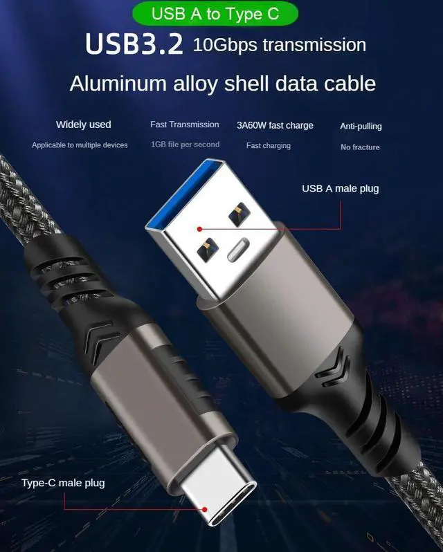 Alt view image 7 of 7 - Hannord USB3.2 10Gbps Cable USB Type A to USB C 3.1/3.2 Gen2 Cable Data Transfer USB C SSD Hard Disk Cable 3A 60W QC 3.0 Fast Charging, 10 ft.
