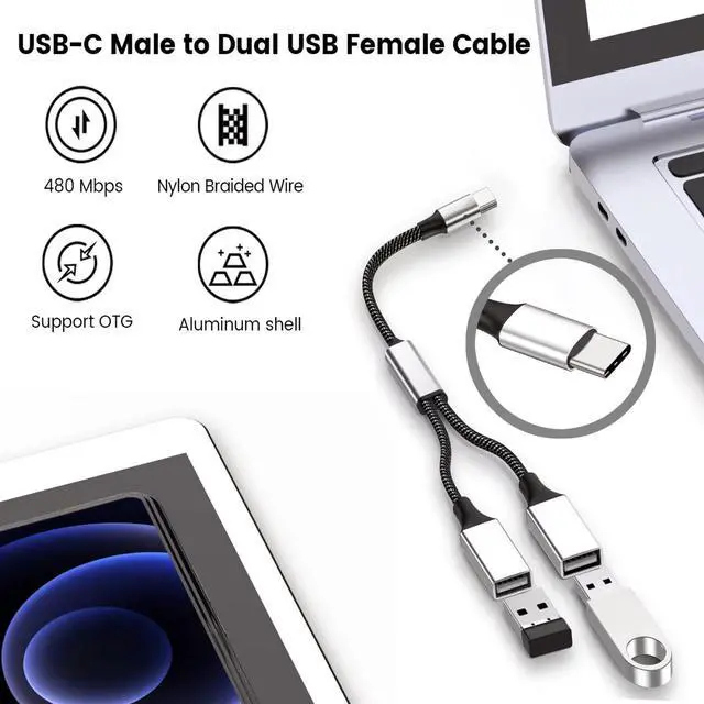 Alt view image 6 of 7 - Hannord USB C Male to Dual USB Female Adapter, USB C to USB Splitter, Type C to Two USB A 2.0 OTG Adapter, Multiple Hub for Laptop/Tablet/Telephone/Flash Disk Drive/Gaming Consoles,2 Ports 0.8ft