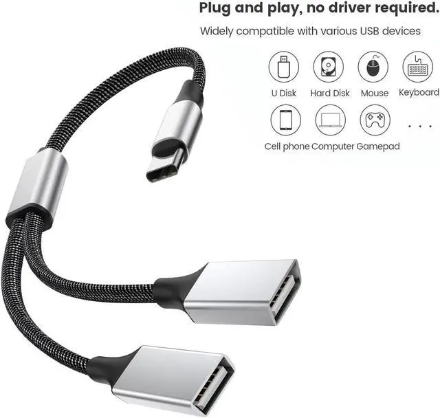 Alt view image 5 of 7 - Hannord USB C Male to Dual USB Female Adapter, USB C to USB Splitter, Type C to Two USB A 2.0 OTG Adapter, Multiple Hub for Laptop/Tablet/Telephone/Flash Disk Drive/Gaming Consoles,2 Ports 0.8ft