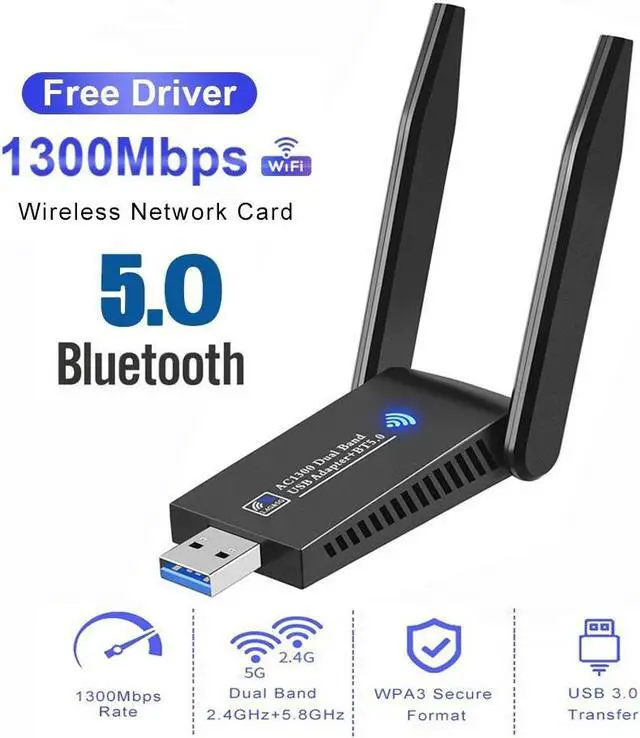 Alt view image 2 of 7 - Hannord 1300M  Dual Band WiFi Wireless Network Card 2.4GHz 5.8GHz BT 5.0 Adapter Dongle AC1300 USB 3.0 802.11ac Adapter Bluetooth 5.0 with Antenna for Laptop PC