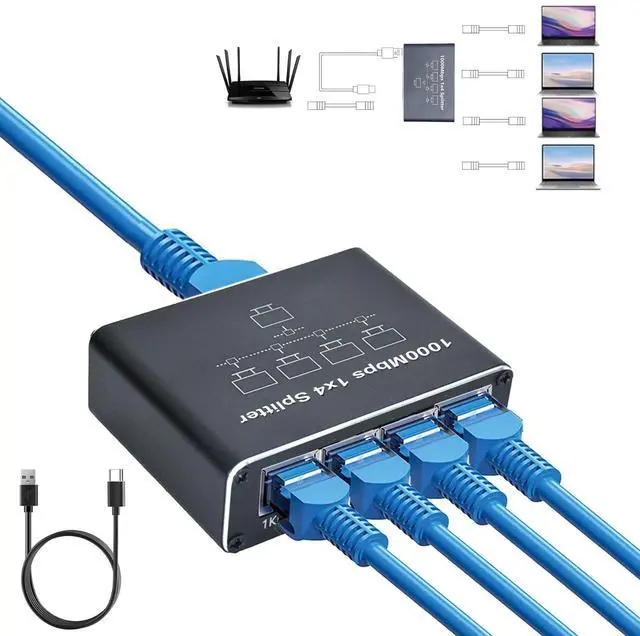Main image of Hannord Ethernet Switch 1 to 4 High Speed 1000Mbps, Ethernet switch with power cord for Cat5/5e/6/7/8 cables Network switch Ethernet hub for connecting up to 4 devices