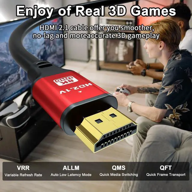 Alt view image 6 of 7 - Hannord HDMI Cable 8K@60Hz, 48Gbps High Speed HDMI 2.1 Cord, Ultra HD,Ethernet Audio Return,Video 8K,4K,1080p,3D,Arc, HDR Compatible with Xbox,PS5/PS4,HDTV,Laptop ect(Red) 1.64 ft.