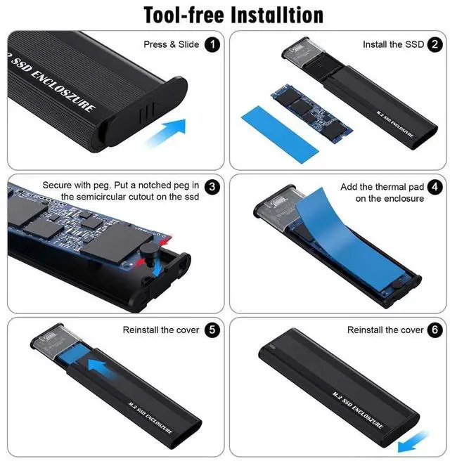 Alt view image 6 of 7 - Hannord M.2 NVME SATA SSD Enclosure Adapter, 10Gbps Aluminum USB 3.1 Gen 2 Type C External Enclosure for M.2 NVMe PCIE & SATA M-Key / B+M Connectors SSDs of Sizes 2230 2242 2260 2280