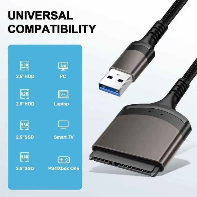 Alt view image 2 of 7 - Hannord SATA to USB Nylon Braided Cable USB 3.0 to 2.5" SATA Hard Drive External Converter Adapter up to 5Gbps for SSD/HDD Data Transfer