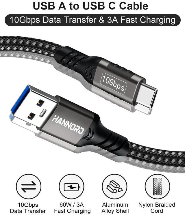 Alt view image 2 of 7 - Hannord USB C Cable 3.3ft, USB-A to USB-C Cable USB 3.2 Gen2 10Gbps Data Charger Cord for Samsung Galaxy Android Auto USB Cord and iPhone 15/15 Pro, Nylon Braided.