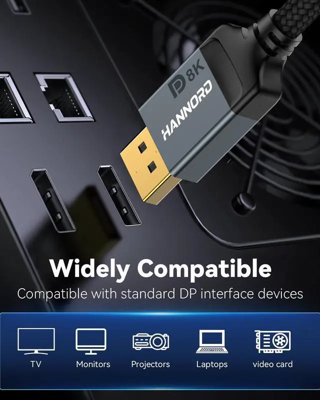 Alt view image 6 of 7 - Hannord DisplayPort Cable 1.4,  8K 3.3ft DP Cable Cord (8K@60Hz, 4K@144Hz, 1080P@240Hz) Display Port HBR3 32.4Gbps, HDCP 2.2 for Odyssey G9 CHG90, PC, Laptop, TV Gaming Monitor - Grey