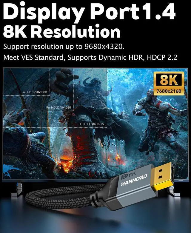 Alt view image 2 of 7 - Hannord DisplayPort Cable 1.4,  8K 3.3ft DP Cable Cord (8K@60Hz, 4K@144Hz, 1080P@240Hz) Display Port HBR3 32.4Gbps, HDCP 2.2 for Odyssey G9 CHG90, PC, Laptop, TV Gaming Monitor - Grey