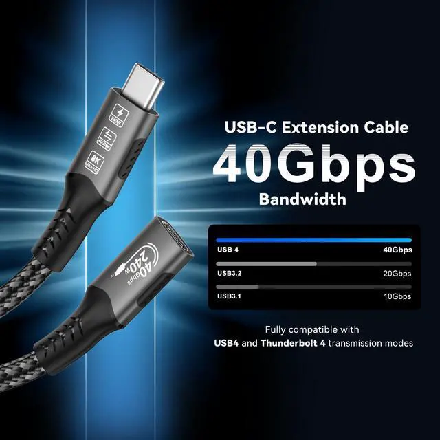Alt view image 4 of 7 - Hannord USB4 Extension Cable [3.3 ft]8K 240W 40Gbps Thunderbolt 4 USB C Extender 8K@60Hz Type C Video Cord Data Transfer Compatible for USBC Hub/iPhone16/MacBook/iPad