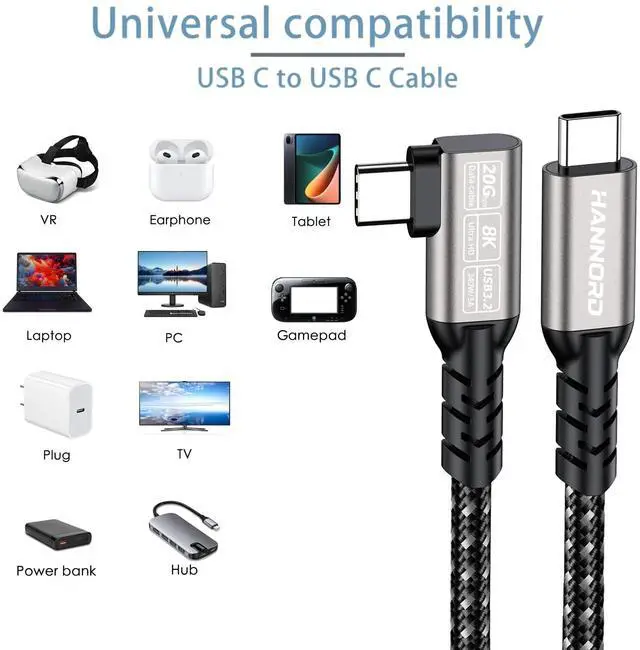 Alt view image 2 of 7 - Hannord USB C 3.2 Gen 2x2 Cable Right Angle 20Gbps 90 Degree High Speed Video VR Data Transfer 4K 60Hz Type C Monitor Cable 240W PD Compatible for SSD, Hub, Dock, eGPU 1.64 Feet