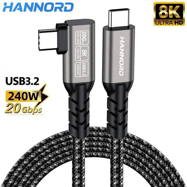 Main image of Hannord USB C 3.2 Gen 2x2 Cable Right Angle 20Gbps 90 Degree High Speed Video VR Data Transfer 4K 60Hz Type C Monitor Cable 240W PD Compatible for SSD, Hub, Dock, eGPU 1.64 Feet