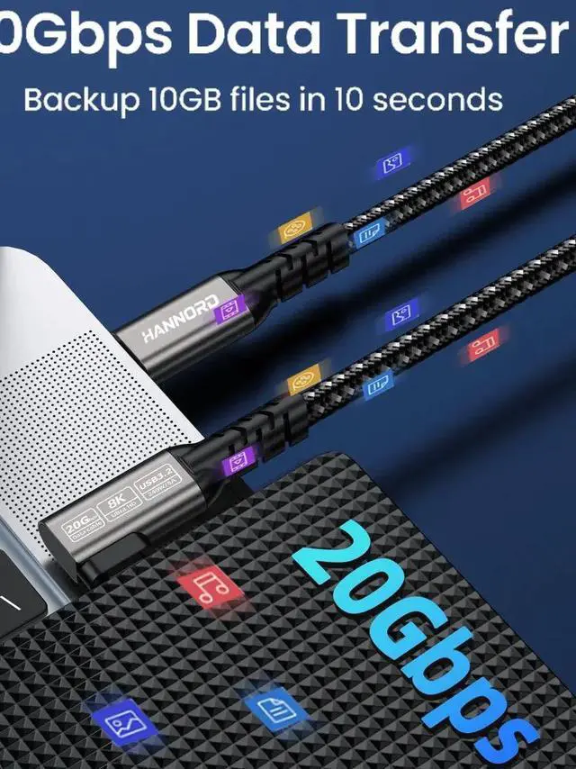 Alt view image 4 of 7 - Hannord USB C 3.2 Gen 2x2 Cable Right Angle 20Gbps 90 Degree High Speed Video VR Data Transfer 4K 60Hz Type C Monitor Cable 240W PD Compatible for SSD, Hub, Dock, eGPU 1.64 Feet