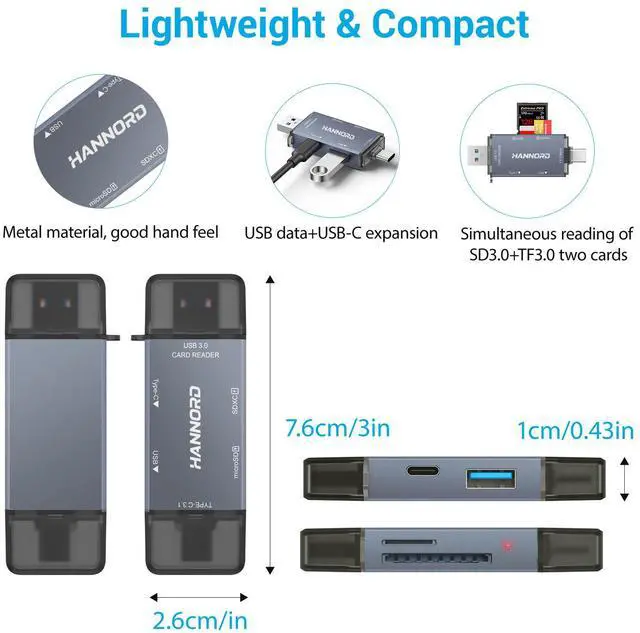 Alt view image 4 of 6 - Hannord USB 3.0 Type C Card Reader Multi Functional 6 in 1 SD TF Card Reader OTG Flash Drive with USB/USB-C Slot for Computer Mobile Phone