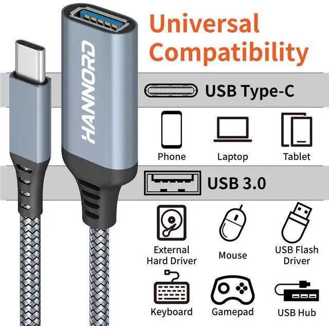 Alt view image 2 of 4 - USB C to USB Adapter, Hannord USB C to USB 3.0 Adapter, Aluminium Alloy Nylon Braid USB Type C to USB Female Adapter OTG Cable Compatible with iPad Air 2020, MacBook Pro, Air and More (Gray, 1 Pack)