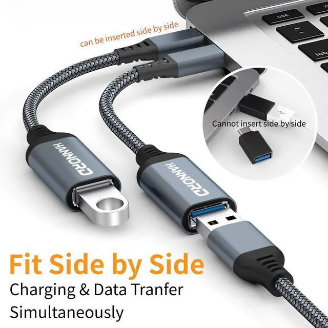 Alt view image 3 of 4 - USB C to USB Adapter, Hannord USB C to USB 3.0 Adapter, Aluminium Alloy Nylon Braid USB Type C to USB Female Adapter OTG Cable Compatible with iPad Air 2020, MacBook Pro, Air and More (Gray, 1 Pack)