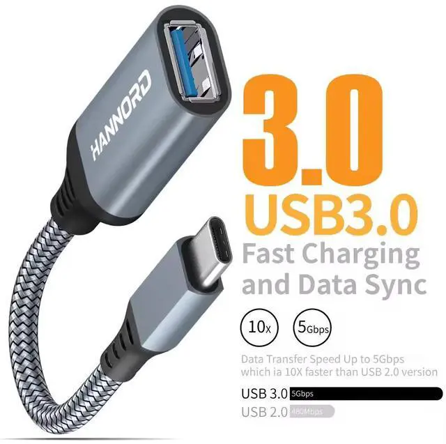 Main image of USB C to USB Adapter, Hannord USB C to USB 3.0 Adapter, Aluminium Alloy Nylon Braid USB Type C to USB Female Adapter OTG Cable Compatible with iPad Air 2020, MacBook Pro, Air and More (Gray, 1 Pack)