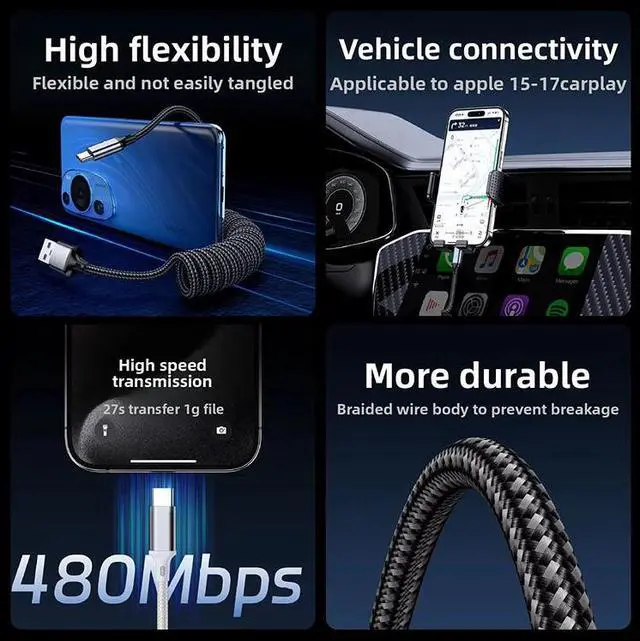 Alt view image 4 of 7 - Hannord Coiled USB C Cable for Car, Retractable Nylon Braided Type C Coiled Cable Fast Charging, USB C Car Charger Cord for iPhone 17 16 15, Samsung Galaxy S25 S24 S23 Ultra, Pixel 10 9, Silver, 3.3Ft