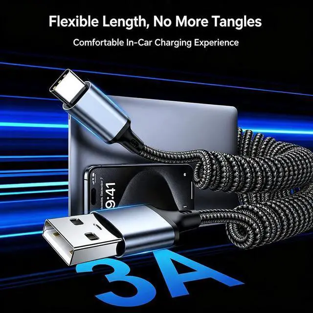 Alt view image 3 of 7 - Hannord Coiled USB C Cable for Car, Retractable Nylon Braided Type C Coiled Cable Fast Charging, USB C Car Charger Cord for iPhone 17 16 15, Samsung Galaxy S25 S24 S23 Ultra, Pixel 10 9, Silver, 3.3Ft