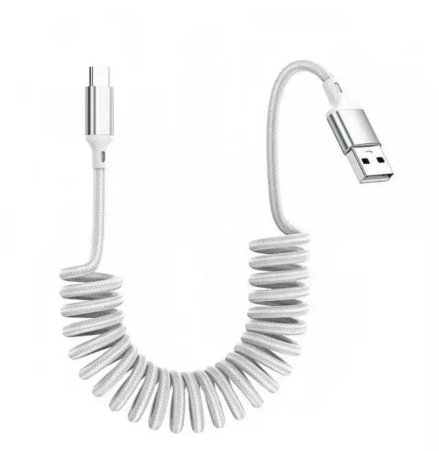 Main image of Hannord Coiled USB C Cable for Car, Retractable Nylon Braided Type C Coiled Cable Fast Charging, USB C Car Charger Cord for iPhone 17 16 15, Samsung Galaxy S25 S24 S23 Ultra, Pixel 10 9, Silver, 3.3Ft