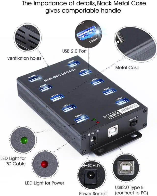 Alt view image 4 of 7 - Sipolar A-300 metal 10 Ports USB 2.0 Powered Hub -USB Extension Splitter for Bitcoin Minings with 12V 5A 60W Power Adapter On/Off Switch Din-Rail