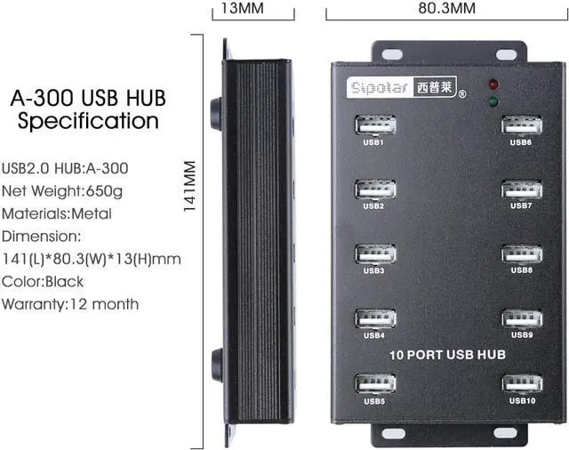 Alt view image 5 of 7 - Sipolar A-300 metal 10 Ports USB 2.0 Powered Hub -USB Extension Splitter for Bitcoin Minings with 12V 5A 60W Power Adapter On/Off Switch Din-Rail